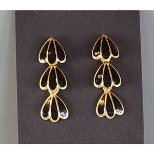 Black Enamel Triple Heart Drop Earrings Gold Tone Dangle Pierced Jewelry